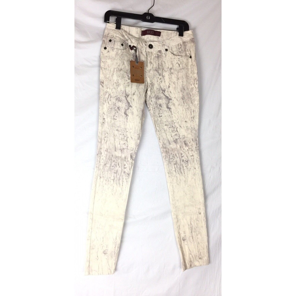 Max Rave Junior’s Jeans Low Rise Cream/Gray Marble Print Skinny Denim Sz 5 New